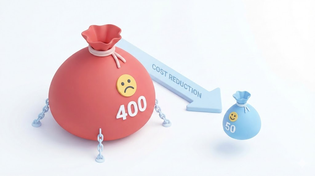 'COST REDUCTION'이라는 파란색 하향 화살표가 무거운 빨간색 '400' 돈주머니(슬픈 표정, 쇠사슬)를 가벼운 파란색 '50' 돈주머니(기쁜 표정)와 연결하는 3D 아이소메트릭 일러스트레이션입니다. 비용 절감과 재정적 부담 감소를 상징하며, 깔끔한 흰색 배경의 미니멀한 디자인입니다.