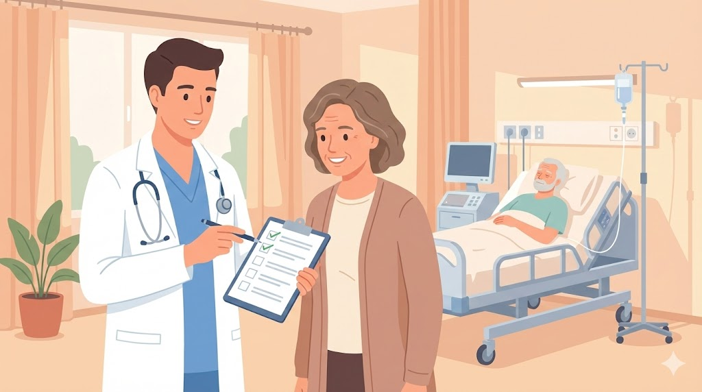 따뜻한 병실에서 친절한 의사가 중년 여성에게 클립보드의 의료 체크리스트를 설명하는 플랫 벡터 일러스트레이션입니다. 배경에는 노인 환자가 의료 장비가 있는 침대에 편안히 누워 있으며, 부드러운 파스텔 색상과 조명으로 신뢰할 수 있는 의료 환경을 묘사했습니다.